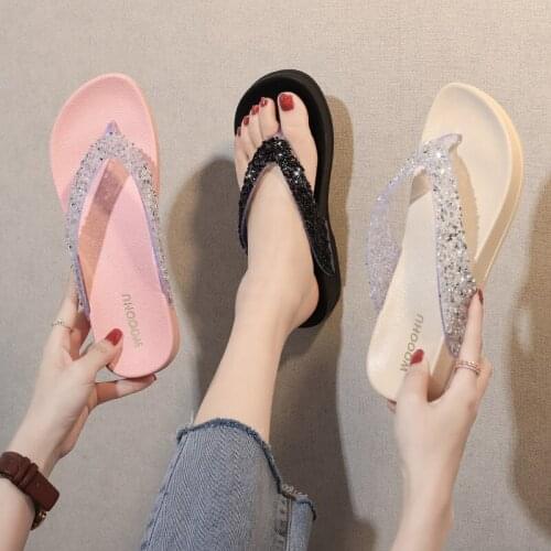 2021 Summer New Mid-heel Fashion Flip Flop Sandals Women Fashion Thick-soled Outer Wear Beach Flip Flops Beach Slippers