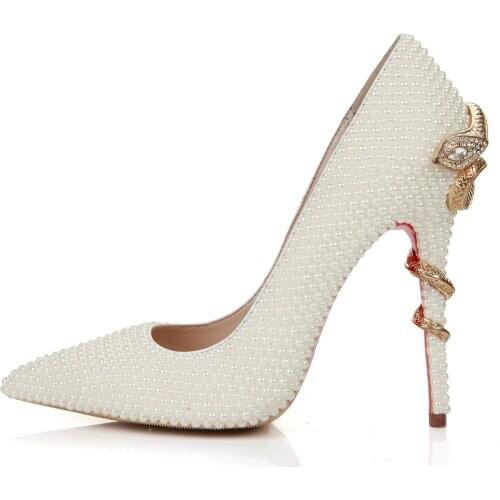 Woman Pearl Color Intrigue Rhinestones Wedding Pumps Metal Snake Twined Heels Women Pointed Toe Slip On Evening Dress Shoes