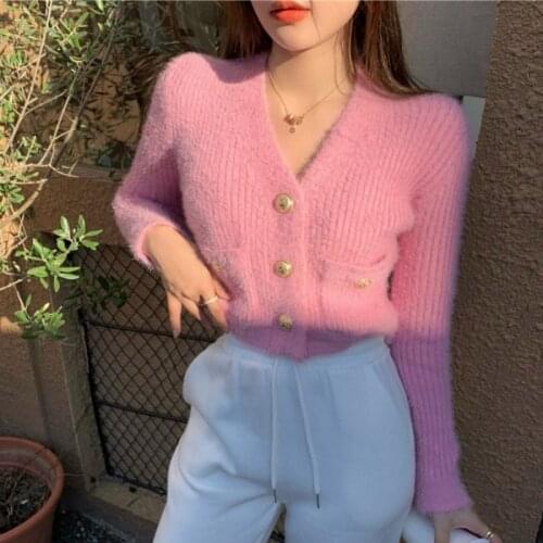 Woman Sweaters Cardigan Autumn and Winter Air Plush V-neck Long-Sleeve Knitwear Womens Short Top
