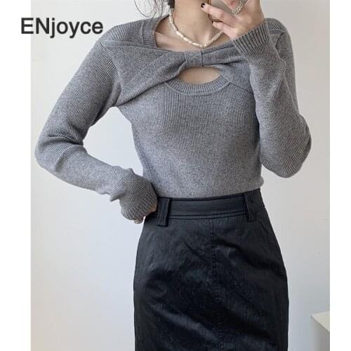 Women Vintage Bow O-Neck Pullovers Thin Sweater 2021 Spring New Casual Korean Style Elegant Knitted Long Sleeve Cropped Tops