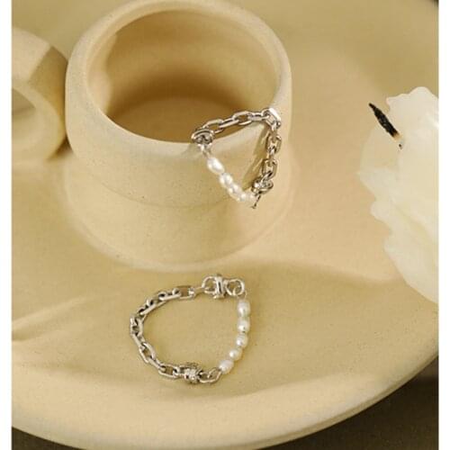 100% 925 sterling silver chain rings for women fine jewelry, fashion natural baroque freshwater pearls ring female gifts