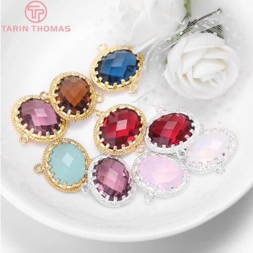 4pcs 24k Champagne Gold Color Or Silver Color Brass With Oval Shape Colourful Glass Beads 2 Holes Connect Charms Accessories