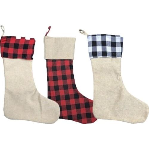 5Pcs/Lot Creative Christmas Plaid Stocking Sublimation Sock Hanging Ornaments Gifts Bag Reusable Xmas Home Decoration