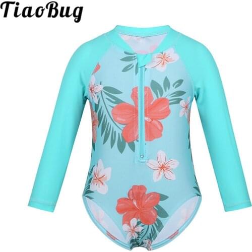 TiaoBug Baby Girls One-piece Swimsuit Long Sleeves Flower Printed Swimwear Kids Toddler Beachwear Rash Guard Child Bathing Suit