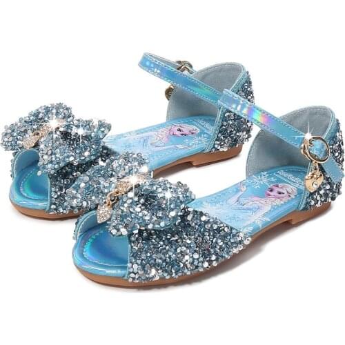 Disney children shoes sweet girl new summer Frozen Aisha childlike performance princess bow sequin flat sandals for kids 4Y-12Y