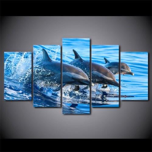 HD Printed 5 Piece Blue Ocean Jumping Dolphin Wall Pictures for Living Room Modern Posters and Prints Free Shipping