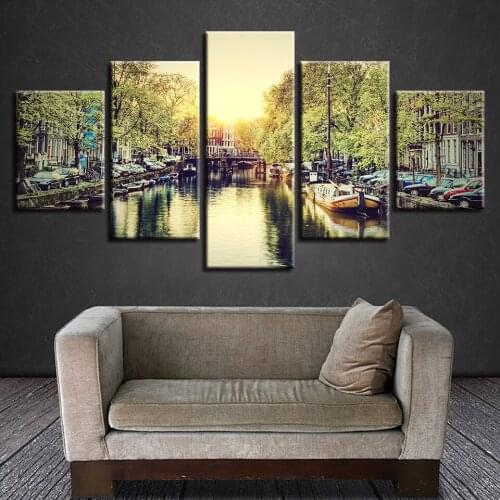 Canvas Pictures Home Decor Wall Art Frame 5 Pieces Amsterdam City Scenery Paintings Modular HD Prints Summer Canal Boat Posters