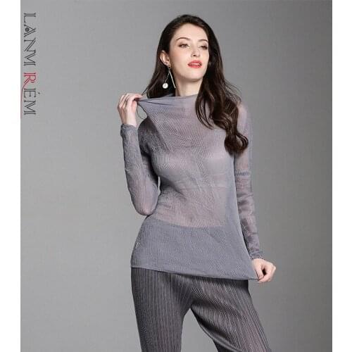 LANMREM 2021 Stand Collar Long-sleeved Slim Pleated All-match Black Color Fashion T-shirt Solid Color Top For Women 2A2954