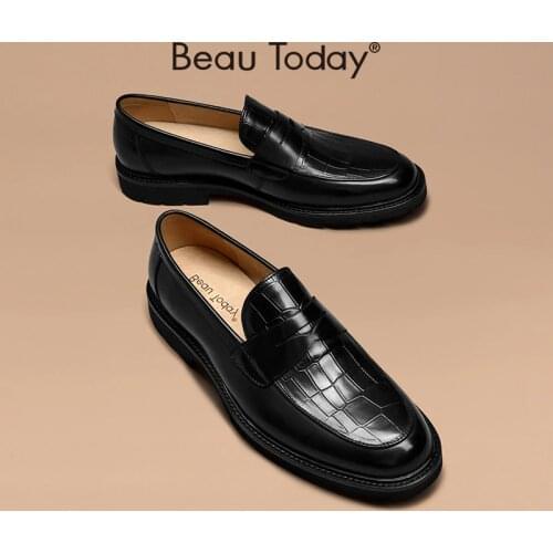 Men Penny Loafers Shoes Genuine Cow Leather Round Toe Alligator Pattern Slip On Dress Shoes for Men Handmade BeauToday A55001