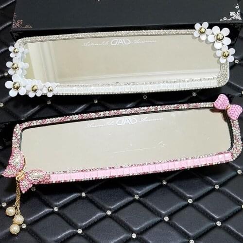 Cute Cartoon Butterfly Rhinestone Car Interior Mirror Cover Decor Bowknot Crystal Diamond Rear Mirror Ornament Car Accessories