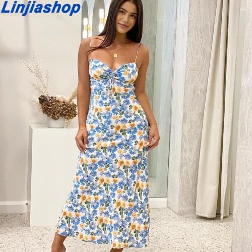 French Vintage Blue Floral Print Mini Dress 2021 Summer New V-Neck Lace-Up Pleated Slim Sexy Suspender Dresses
