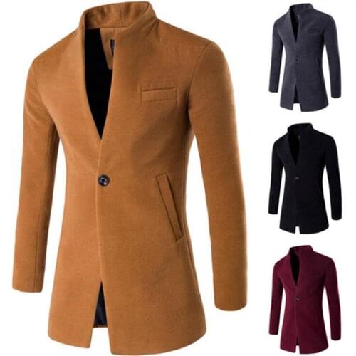 Fashion Mens Woolen Jacket Stand Collar One Button Casual Slim Fit Coat Big Size Male Outwear H15
