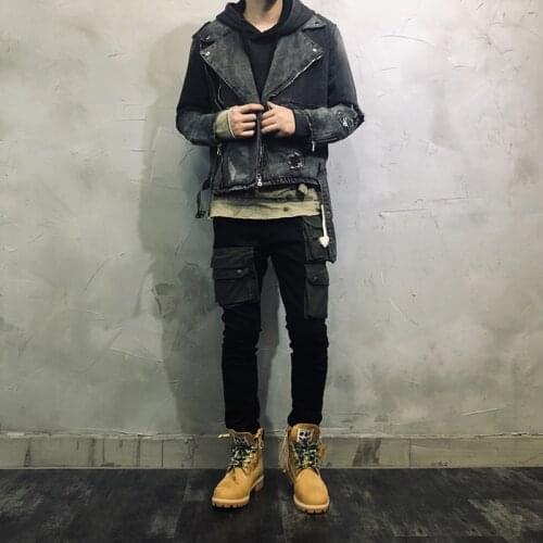 Fashion Streetwear Punk Jacket Men Black Color Destroyed Ripped Denim Cotton Hip Hop Coats High Quality Designer Biker Chaqueta