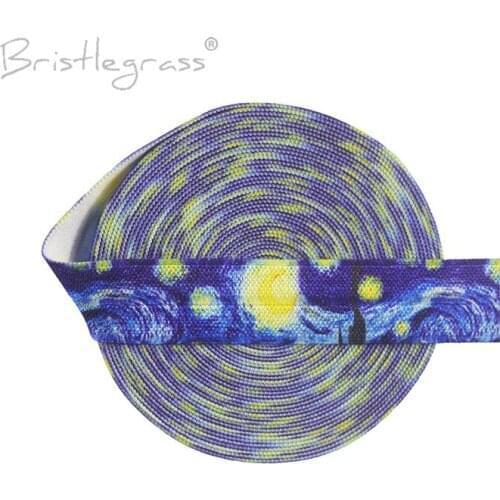 BRISTLEGRASS Wholesale 50 Yard 5/8" Van Gogh Starry Night Print Fold Over Elastics FOE Spandex Satin Bands Hair Tie Dress Sewing