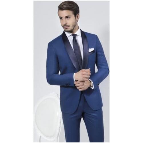 Jacket+Pant+Tie+Handkerchiefs)Bule Shawl Collar Men Suits Custom Homme Terno Handsome Cool Foraml Business Office Tuxedos Slim