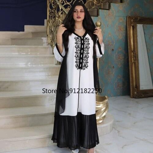 Black White Abaya Dubai Turkey Muslim Hijab Dress 2021 Evening Gowns Bohemian Kaftan Long Sleeve Kimono Islamic Clothing Robe