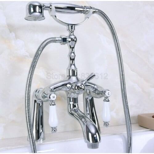 Polished Chrome Deck Mounted Dual Handle Bathtub Faucet Clawfoot Bath Tub Faucet Telephone Design Handheld Shower Set Wna103