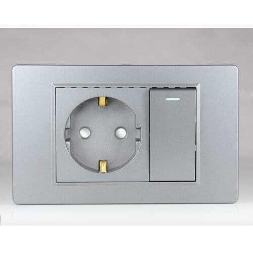 Dark grey EU German standard 16A 2-hole power plug wall socket with 15A 1Gang 1Way Switch 118 *74mm PC flame retardant panel 16A