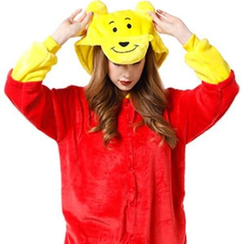 Christmas Adult Winnie Bear Kigurumis Cosplay Hooded One Piece Pajamas Onesis Costume Flannel Clothing XL