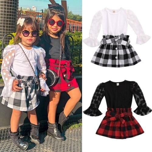 2020 Fashion Autumn Toddler Kid Baby Girls Clothes Sets Polka Dot Lace Flare Sleeve Shirt Tops Plaid Skirt Outfit 2pcs