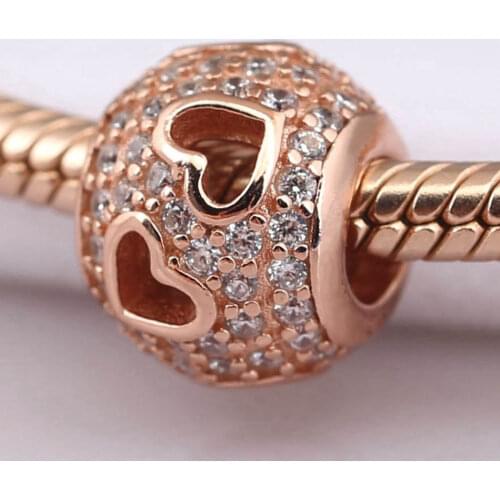 Authentic S925 Bead DIY Jewelry Tumbling Hearts Charm fit Lady Bracelet Bangle Rose & Clear CZ Girl Gift
