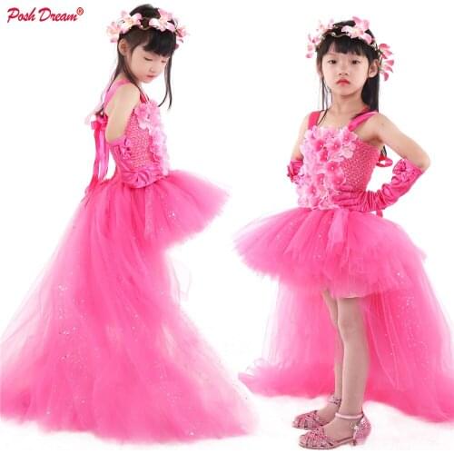 POSH DREAM Sparkly Tulle Hot Pink Kids Girls Flower Party Clothes Pink Flower Toddler Baby Girls Birthday Party Tutu Dresses
