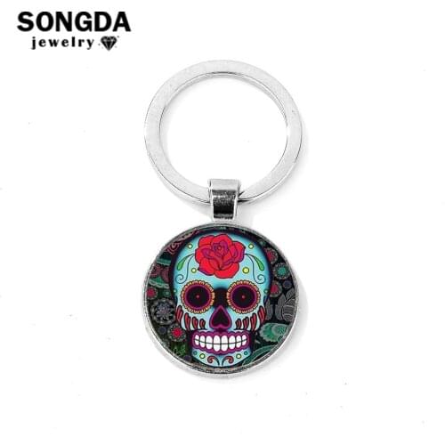 SONGDA Hippie Sugar Skull Keychain Mexico Folk Art Bright Color Flower Pattern Skull Glass Dome Key Holder Day of the Dead Gifts