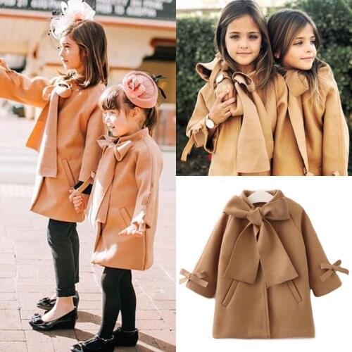 England Style Winter Warm Kids Girls Wool Coat Solid Bowknot Collar Long Sleeves Pockets Overcoat Jacket Girl Parka Outwear 2-8Y