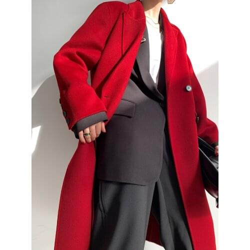 High-end double-breasted suit collar retro mid-length double-sided cashmere coat woolen coat Korean version 21 new