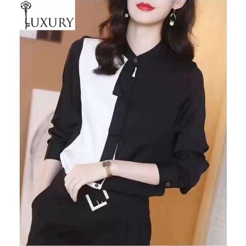 Quality Designer Blouse High 2020 Spring Summer Tops Women Bow Tie Elegant Long Sleeve Color Block Shirts Office Lady