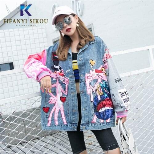 Fashion Cartoon Sequins Denim Jackets Women Long sleeve Spliced Print Denim Coat Streetwear Single Breasted Loose Jeans Jacket