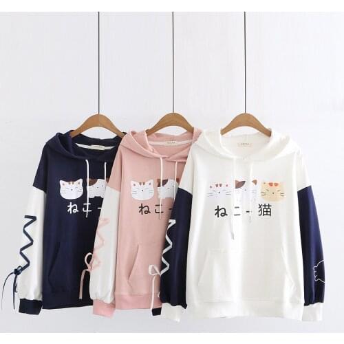 Women Autumn Spring Harajuku Cute Cartoon Hoodies Funny Cat Girls Pullover Sweet Hooded Sweatshirt Hooded Ears Clothes