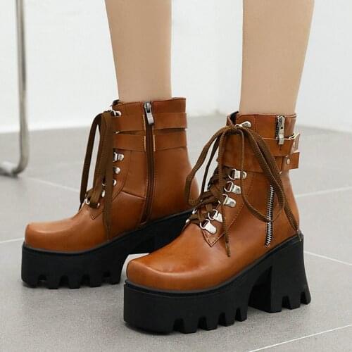 Black Brown Yellow Women Punk Ankle Boots Fashion Zipper Thick High Heel Platform Shoes Autumn Winter New Square Toe Short Boots