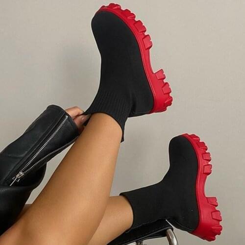 Woman Boots 2021 Platform Black Goth Boots Slip On Sock Shoes Women Chunky Heel Short Boots Comfortable Mid-Calf Short Bootie