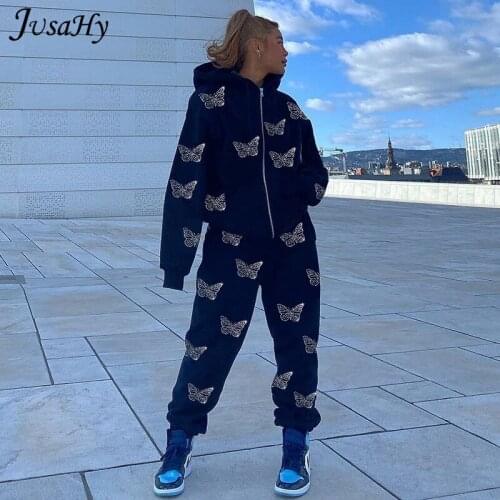 JuSaHy Fashion Butterfly Print Womens Two Pieces Sets Autumn Zipper Hoodie And Elastic Pants Matching Outfits Casual Streetwear