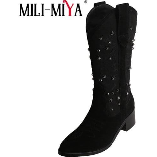 MILI-MIYA Luxury Rhinestone Embroidered Western Mid Calf Boots Women Leather Chunky Heels Sexy Pointed Toe Party Handmade Shoes