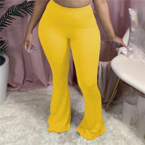 Women Casual Solid Color Pants Ladies Quality Elastic Wide Leg Flare Pants Woman Slim High Waist Pants For Female Plus Size