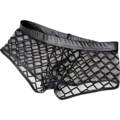 M-XXL Sexy Thin Hollow Boxer Black Men Mesh Transparent Shorts See Through U-convex Male Underwear Lingerie Gay