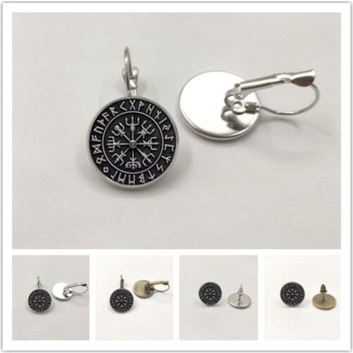 Norse Viking Cross In Rune Circle Earring Jewelry Glass Cabochon Art Picture Stud Earring Handmade Glass Dome Jewelry