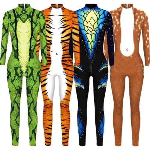 Adult Kid Night Animals Skin 3D Digital Printed Cosplay Costume Girls Boys Halloween Carnival Party Tiger Snake Bodycon Jumpsuit