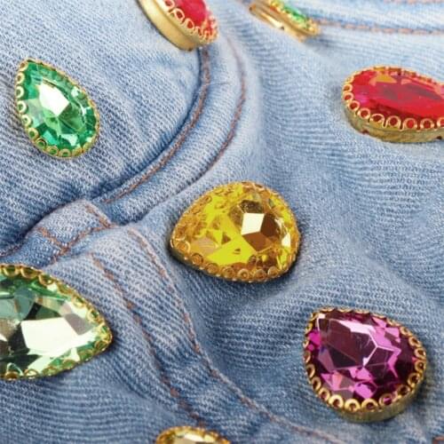 Womens Colorful Diamond Denim Bustier Bra Crop Top Luxurious Jewelry Jean Corset Camisole Spaghetti Strap Night Club Party A0NF