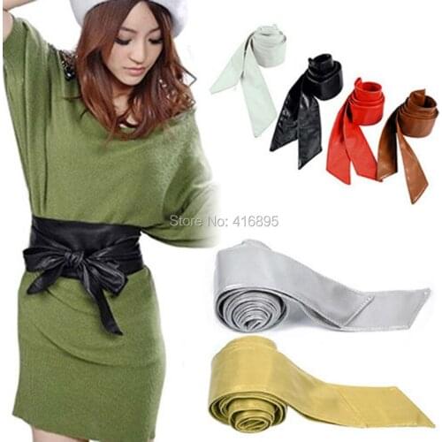 Women Faux Leather Waistband Wide Belts Bowknot Corset Tie Belt Long Circle Cummerbund Dresses