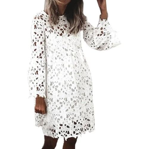 2021 Newest Women Sexy Hollow Out Dress Ladies Elegant Solid White Casual O-neck Collar A-Line Dresses Fashion Design Clothing