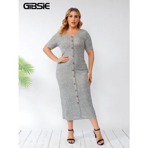 GIBSIE Plus Size Button Front Solid Rib-knit Long Dress Women Summer Short Sleeve Office Casual Slim Fit Bodycon Pencil Dress