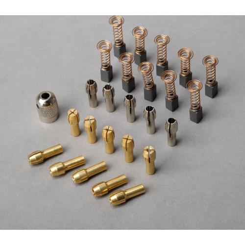 10Pcs 0.5mm-3.2mm Brass Dremel Collet Mini Drill Chucks + 5Pcs 3.2mm Silver Collets+10Pcs 9mm Carbon Motor Brushes+1Pc Screw Cap
