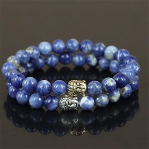2pcs natural sodalite round stone beads charm women bracelet beaded mercy two color buddha head men stretch bracelet