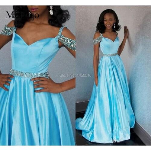 2020 Light Sky Blue Prom Dresses Off The Shoulder Beaded Sequins A-line Dress Evening Gowns Dress Long