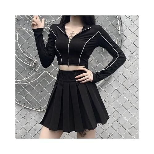 2020 Street cool long sleeve T-shirt womens double zipper cardigan reflective splicing womens navel exposed future