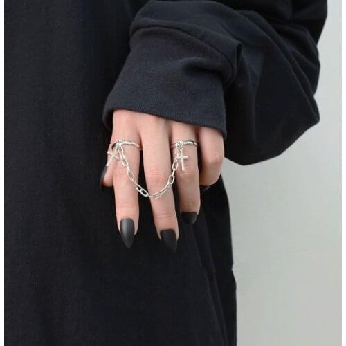 Kpop Vintage Punk Metal Cross Ring Chain Adjustable Joint Ring Finger Rings For Women Men Cool girl Jewelry