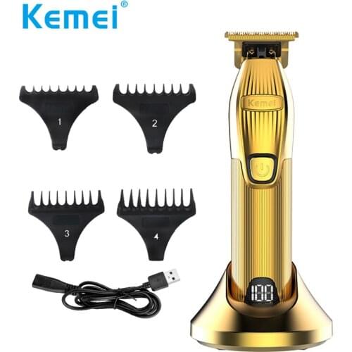 Kemei Professional Rechargeable Hair Trimmer Portable Gold 0mm Cordless T-blade Hair Clipper Shaving for Stylists Barber